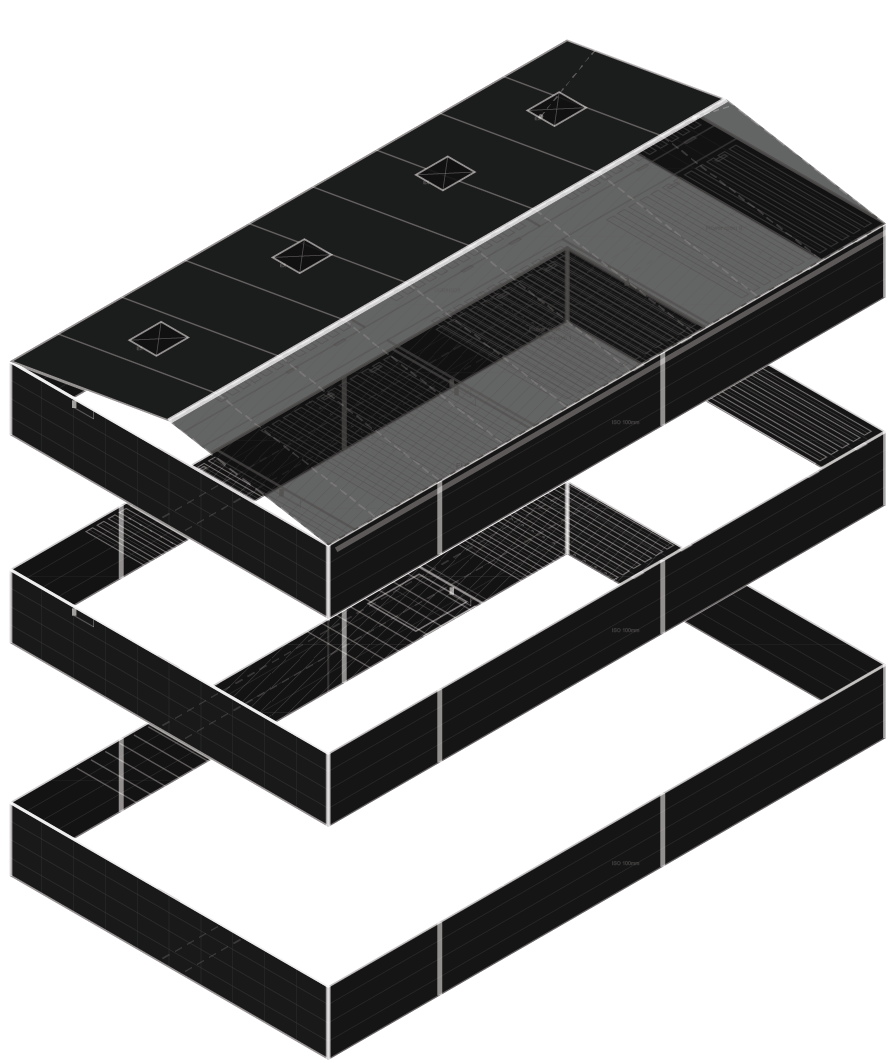 Isometric exploded view of the three floors